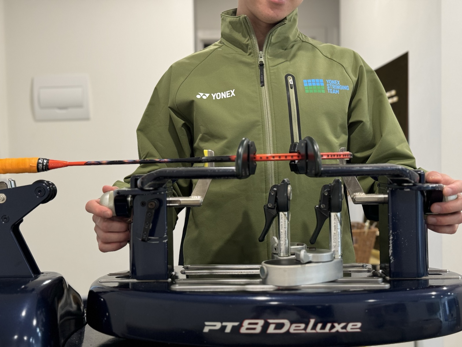 Close-up of the professional Yonex stringing machine used at Mr Weaver Melbourne