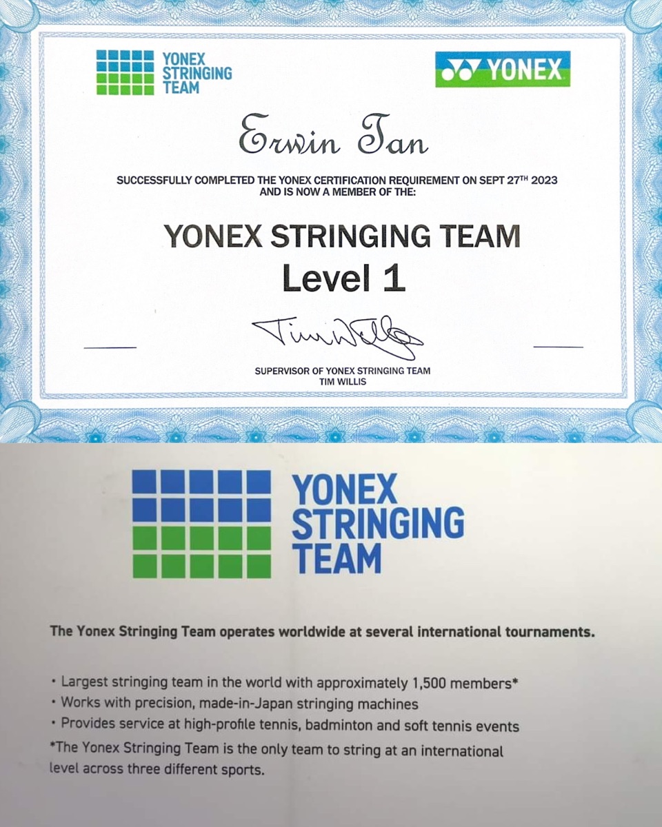 Erwin Tan's official Yonex stringing certification document